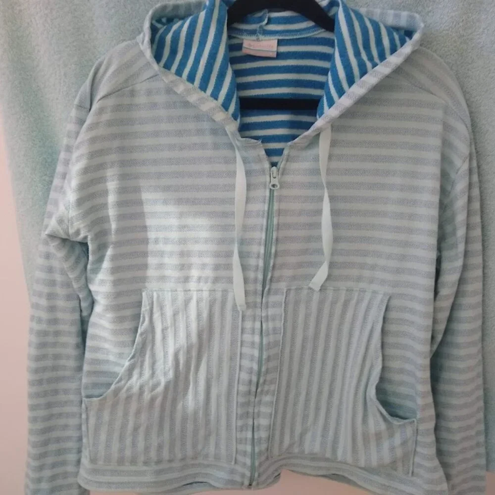 Columbia women L zip-front sweatshirt hoodie aqua stripes - Picture 12 of 15